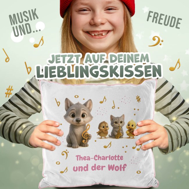 Flauschiges Kissen f&uuml;r Kinder mit Name - Kissen-Merch zum Kinderkonzert Peter und der Wolf - Rosa flauschig