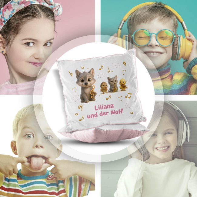 Flauschiges Kissen f&uuml;r Kinder mit Name - Kissen-Merch zum Kinderkonzert Peter und der Wolf - Rosa flauschig