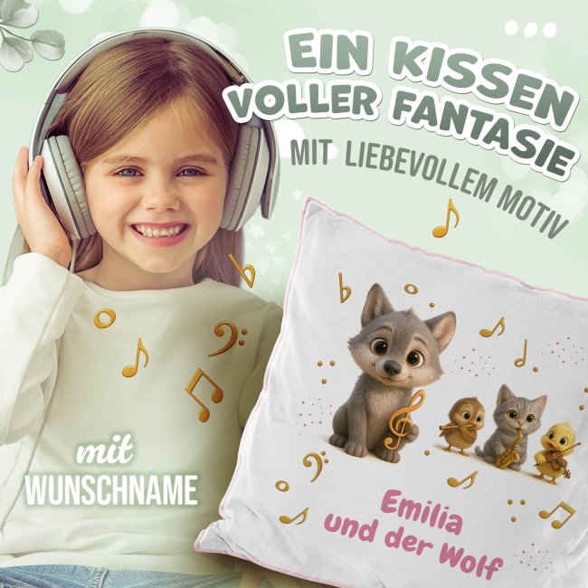 Flauschiges Kissen f&uuml;r Kinder mit Name - Kissen-Merch zum Kinderkonzert Peter und der Wolf - Rosa flauschig