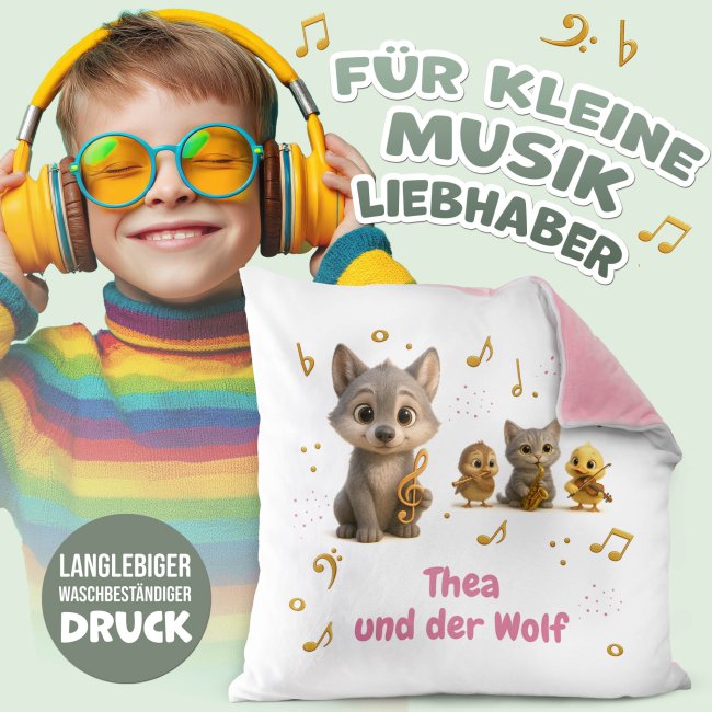 Flauschiges Kissen f&uuml;r Kinder mit Name - Kissen-Merch zum Kinderkonzert Peter und der Wolf - Rosa flauschig