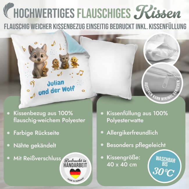 Flauschiges Kissen f&uuml;r Kinder mit Name - Kissen-Merch zum Kinderkonzert Peter und der Wolf - Hellblau flauschig