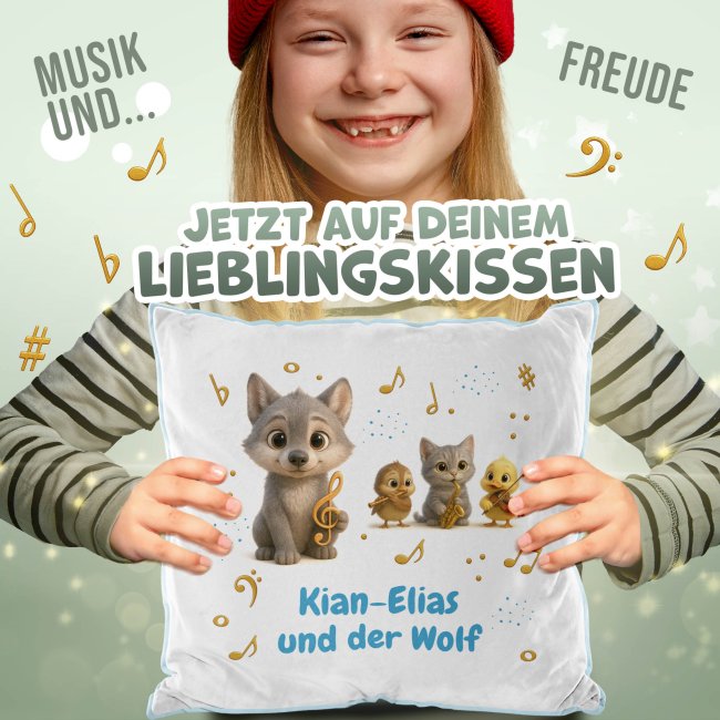 Flauschiges Kissen f&uuml;r Kinder mit Name - Kissen-Merch zum Kinderkonzert Peter und der Wolf - Hellblau flauschig