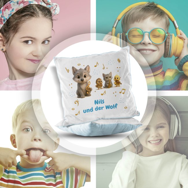 Flauschiges Kissen f&uuml;r Kinder mit Name - Kissen-Merch zum Kinderkonzert Peter und der Wolf - Hellblau flauschig