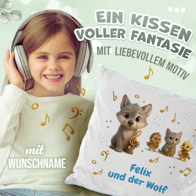 Flauschiges Kissen f&uuml;r Kinder mit Name - Kissen-Merch zum Kinderkonzert Peter und der Wolf - Hellblau flauschig
