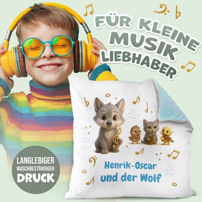 Flauschiges Kissen f&uuml;r Kinder mit Name - Kissen-Merch zum Kinderkonzert Peter und der Wolf - Hellblau flauschig