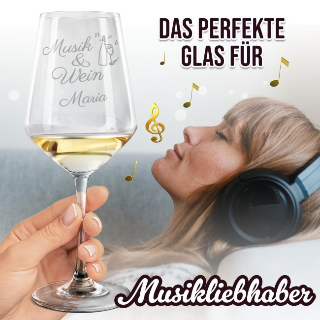 Wei&szlig;weinglas mit Gravur - Musik und Wein - mit Name