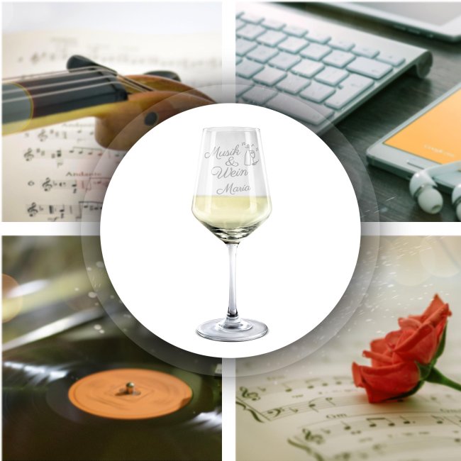Wei&szlig;weinglas mit Gravur - Musik und Wein - mit Name