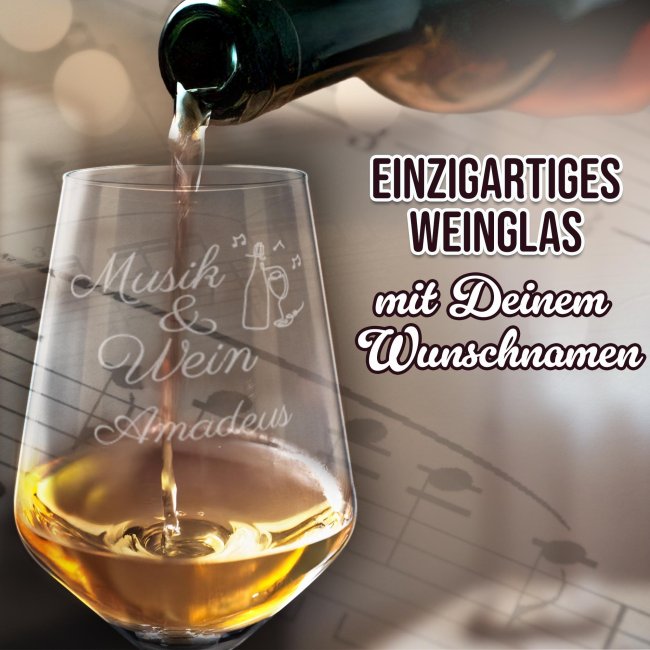 Wei&szlig;weinglas mit Gravur - Musik und Wein - mit Name