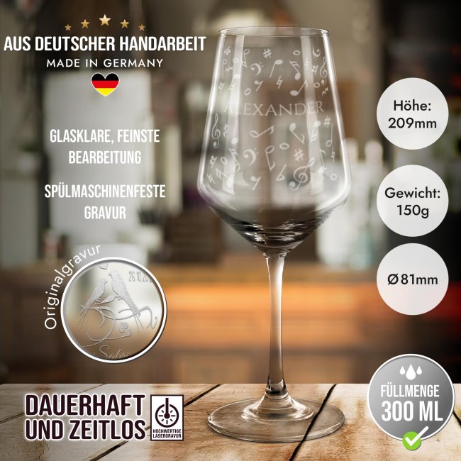 Wei&szlig;weinglas mit Gravur - Noten Allover - mit Name