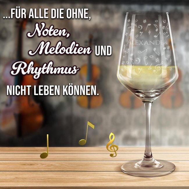 Wei&szlig;weinglas mit Gravur - Noten Allover - mit Name