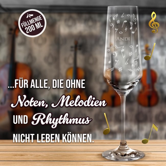 Sektglas mit Gravur - Noten Allover - mit Name
