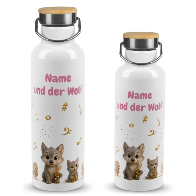 Trinkflasche mit Bambusdeckel f&uuml;r Kinder mit Name - Merch zum Kinderkonzert Peter und der Wolf - Rosa,