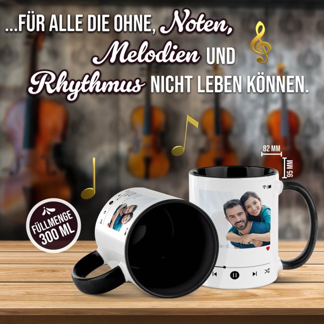 Musik-Tasse - Playlist - personalisiert mit Foto &amp; 2 Wunschtexten - Innen &amp; Henkel Schwarz