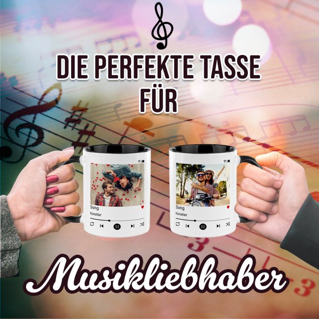 Musik-Tasse - Playlist - personalisiert mit Foto &amp; 2 Wunschtexten - Innen &amp; Henkel Schwarz