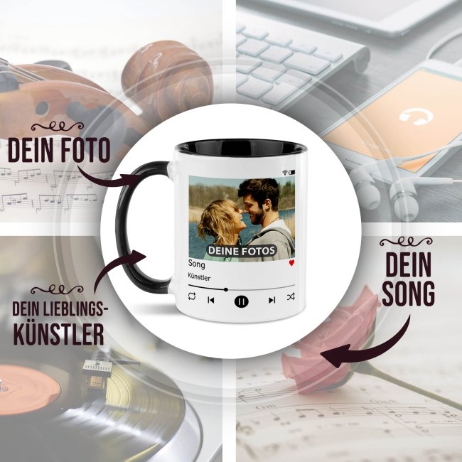 Musik-Tasse - Playlist - personalisiert mit Foto &amp; 2 Wunschtexten - Innen &amp; Henkel Schwarz