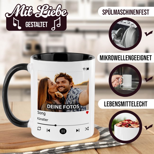 Musik-Tasse - Playlist - personalisiert mit Foto &amp; 2 Wunschtexten - Innen &amp; Henkel Schwarz