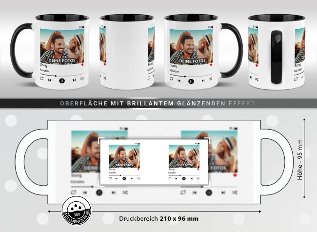 Musik-Tasse - Playlist - personalisiert mit Foto &amp; 2 Wunschtexten - Innen &amp; Henkel Schwarz