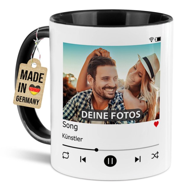 Musik-Tasse - Playlist - personalisiert mit Foto &amp; 2 Wunschtexten - Innen &amp; Henkel Schwarz