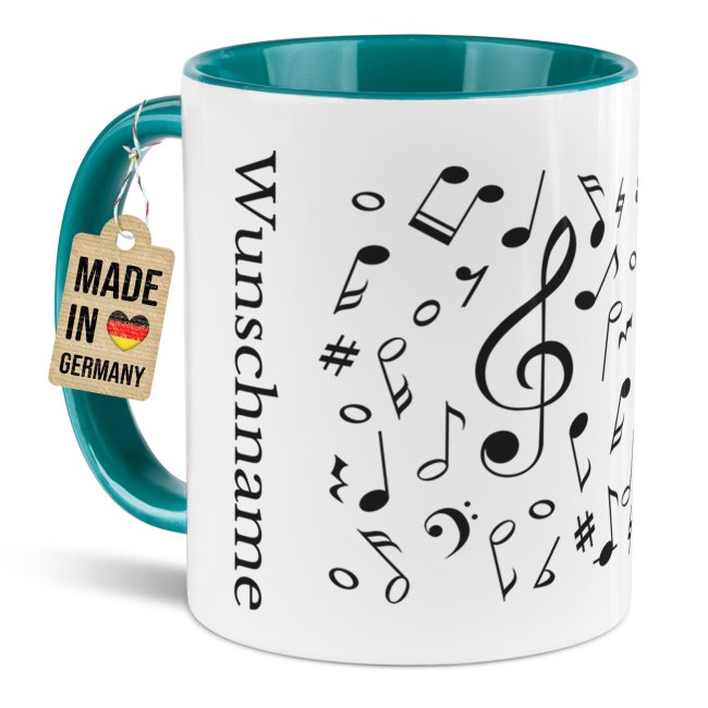 Musik-Tasse - Noten Allover - personalisiert mit Name - Innen &amp; Henkel T&uuml;rkis