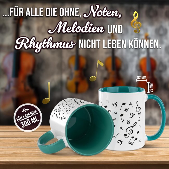 Musik-Tasse - Noten Allover - personalisiert mit Name - Innen &amp; Henkel T&uuml;rkis