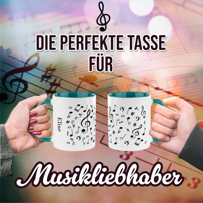 Musik-Tasse - Noten Allover - personalisiert mit Name - Innen &amp; Henkel T&uuml;rkis