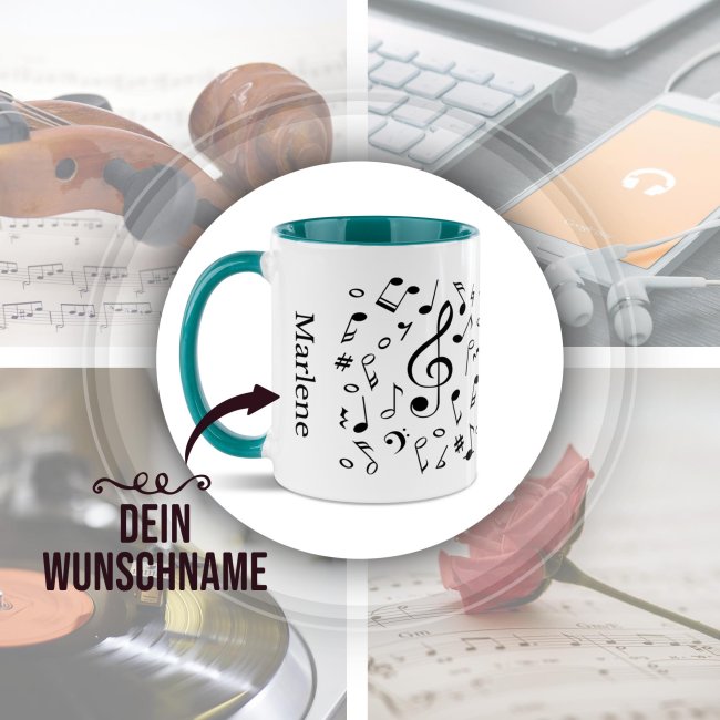 Musik-Tasse - Noten Allover - personalisiert mit Name - Innen &amp; Henkel T&uuml;rkis