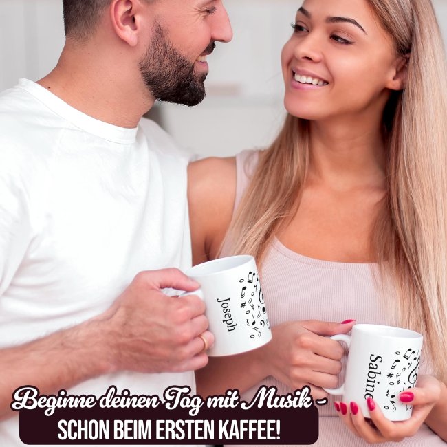 Musik-Tasse - Noten Allover - personalisiert mit Name - Innen &amp; Henkel T&uuml;rkis