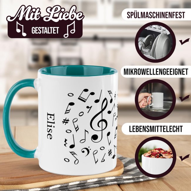 Musik-Tasse - Noten Allover - personalisiert mit Name - Innen &amp; Henkel T&uuml;rkis