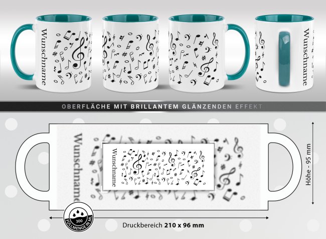 Musik-Tasse - Noten Allover - personalisiert mit Name - Innen &amp; Henkel T&uuml;rkis
