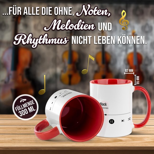 Musik-Tasse - Lieblingslied - personalisiert mit 2 Wunschtexten - Innen &amp; Henkel Rot
