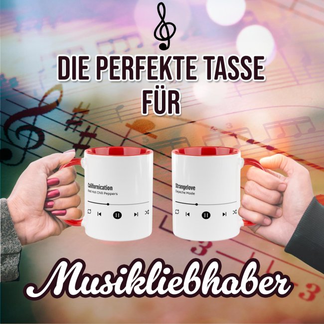 Musik-Tasse - Lieblingslied - personalisiert mit 2 Wunschtexten - Innen &amp; Henkel Rot