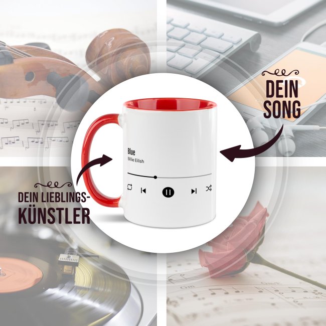 Musik-Tasse - Lieblingslied - personalisiert mit 2 Wunschtexten - Innen &amp; Henkel Rot