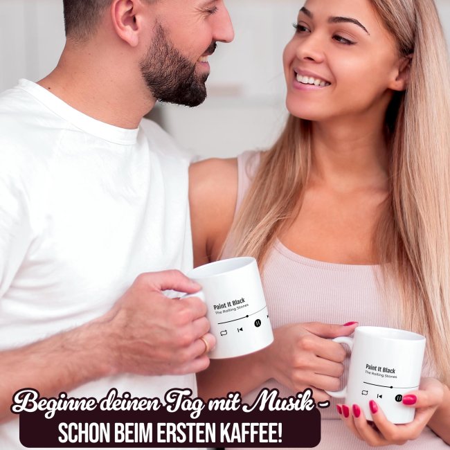 Musik-Tasse - Lieblingslied - personalisiert mit 2 Wunschtexten - Innen &amp; Henkel Rot