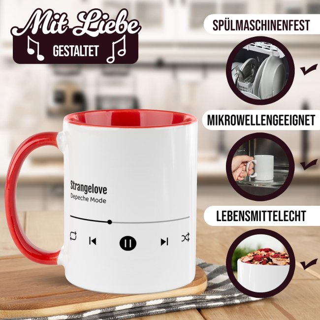 Musik-Tasse - Lieblingslied - personalisiert mit 2 Wunschtexten - Innen &amp; Henkel Rot