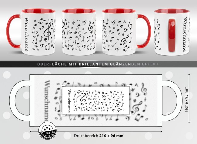 Musik-Tasse - Lieblingslied - personalisiert mit 2 Wunschtexten - Innen &amp; Henkel Rot