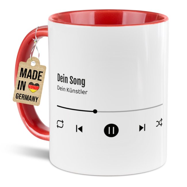 Musik-Tasse - Lieblingslied - personalisiert mit 2 Wunschtexten - Innen &amp; Henkel Rot