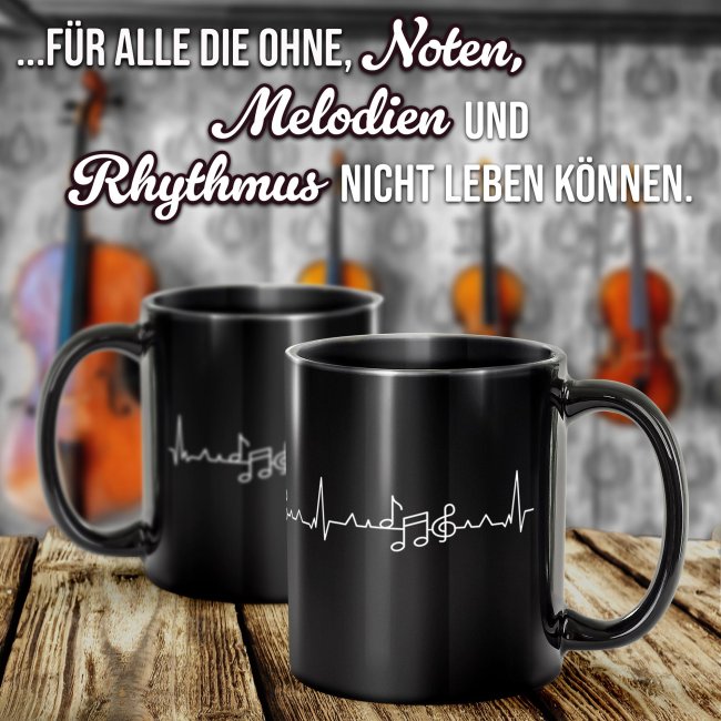 Schwarze Musik-Tasse mit Motiv - EKG-Noten