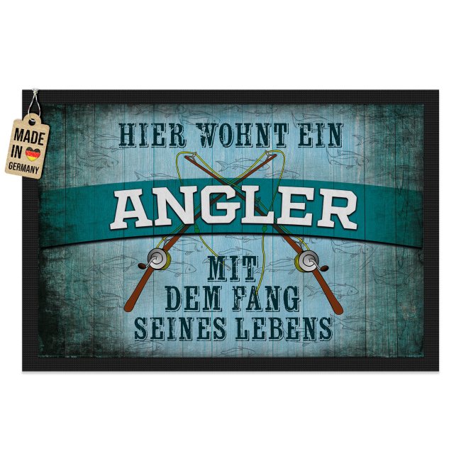 Fu&szlig;matte f&uuml;r Angler - Hier wohnt ein Angler - in drei Gr&ouml;&szlig;en
