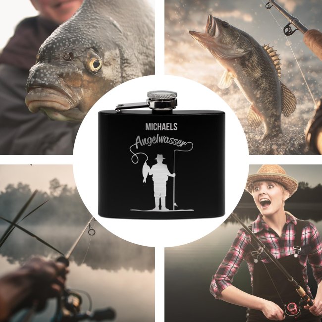 Personalisierter Flachmann f&uuml;r Angler - Angelwasser - mit Name - zwei Gr&ouml;&szlig;en