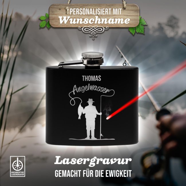 Personalisierter Flachmann f&uuml;r Angler - Angelwasser - mit Name - zwei Gr&ouml;&szlig;en