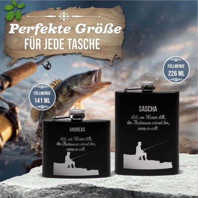 Personalisierter Flachmann f&uuml;r Angler - Flachmann w&auml;rmt - mit Name - zwei Gr&ouml;&szlig;en