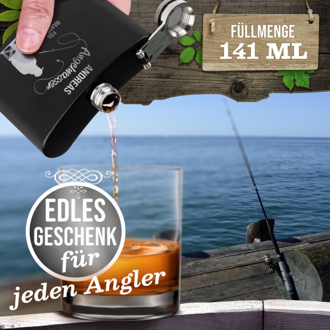 Personalisierter Flachmann f&uuml;r Angler - Angelwasser f&uuml;r harte Tage - mit Name - zwei Gr&ouml;&szlig;en
