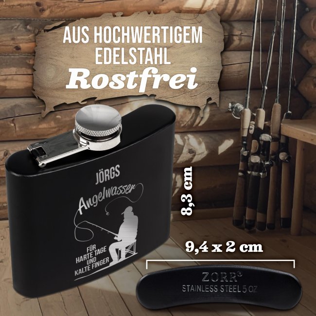Personalisierter Flachmann f&uuml;r Angler - Angelwasser f&uuml;r harte Tage - mit Name - zwei Gr&ouml;&szlig;en