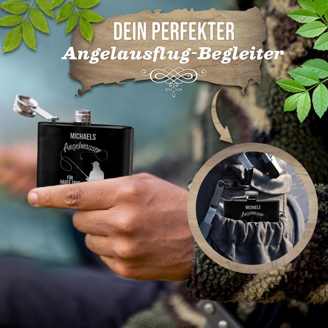 Personalisierter Flachmann f&uuml;r Angler - Angelwasser f&uuml;r harte Tage - mit Name - zwei Gr&ouml;&szlig;en