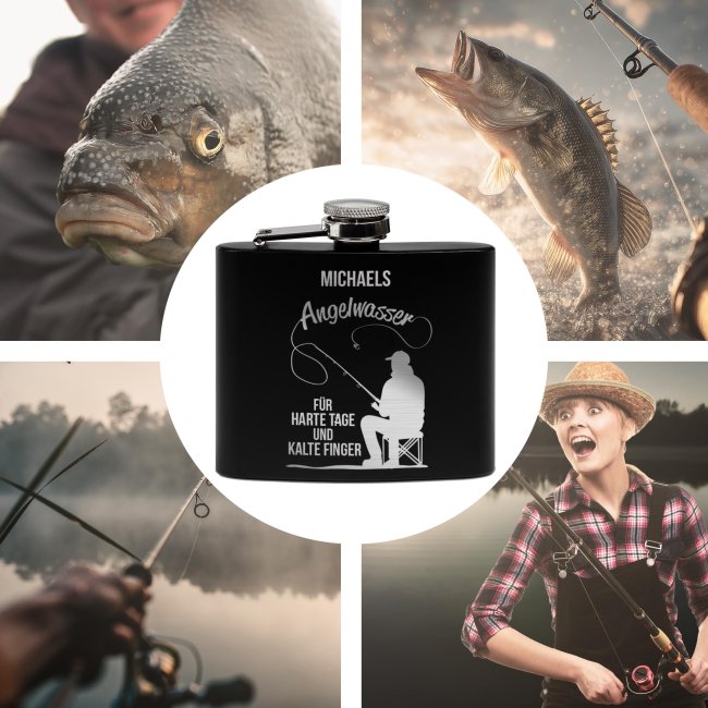 Personalisierter Flachmann f&uuml;r Angler - Angelwasser f&uuml;r harte Tage - mit Name - zwei Gr&ouml;&szlig;en