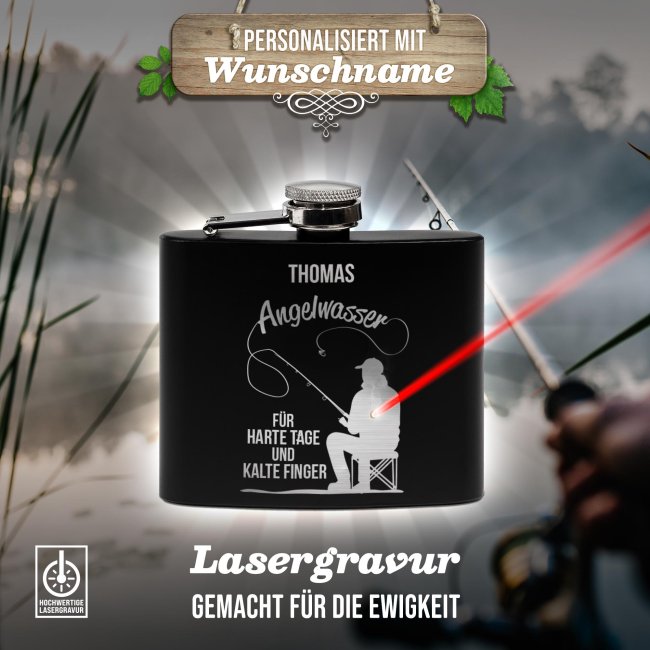 Personalisierter Flachmann f&uuml;r Angler - Angelwasser f&uuml;r harte Tage - mit Name - zwei Gr&ouml;&szlig;en