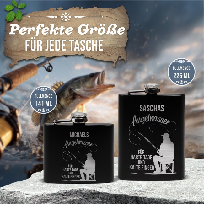 Personalisierter Flachmann f&uuml;r Angler - Angelwasser f&uuml;r harte Tage - mit Name - zwei Gr&ouml;&szlig;en