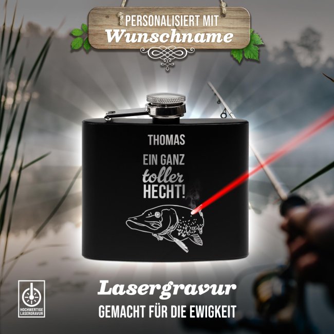 Personalisierter Flachmann f&uuml;r Angler - Ganz toller Hecht - mit Name - zwei Gr&ouml;&szlig;en