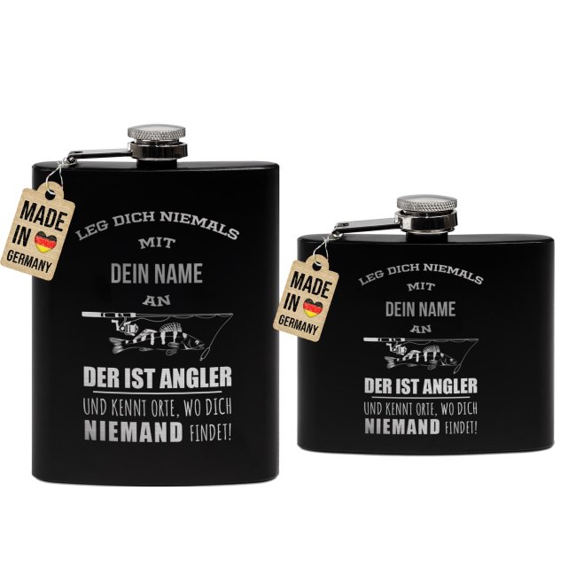 Personalisierter Flachmann f&uuml;r Angler - Legt dich niemals mit einem Angler an - mit Name - zwei Gr&ouml;&szlig;en