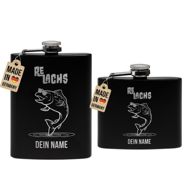 Personalisierter Flachmann f&uuml;r Angler - Re Lachs - mit Name - zwei Gr&ouml;&szlig;en